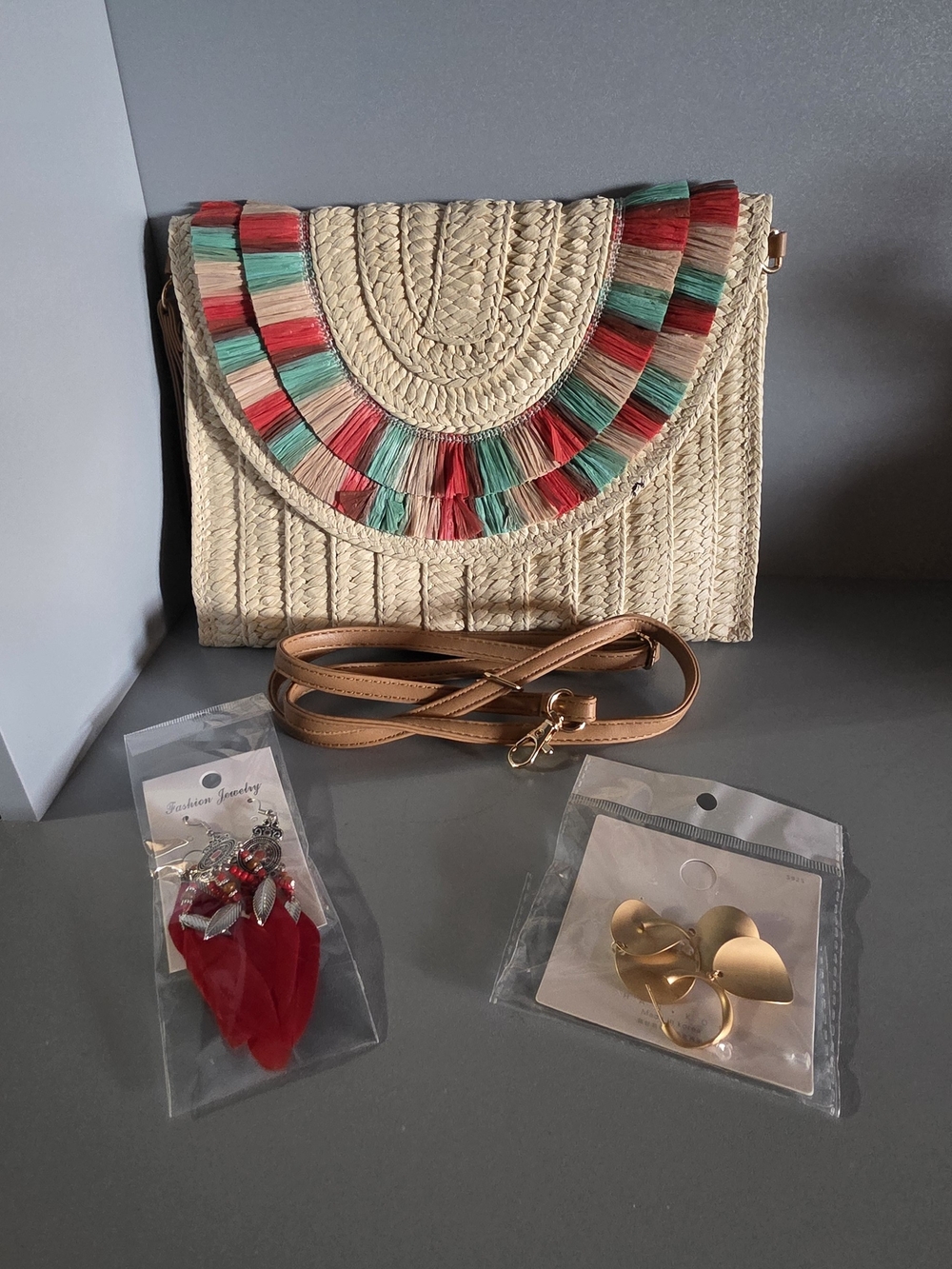 Woven Straw Crossbody Bag with Red & Teal Fringe